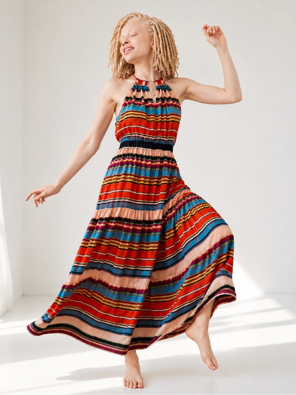 Max & Cleo Candice Boho Tiered Striped Halter Maxi Dress, Size S